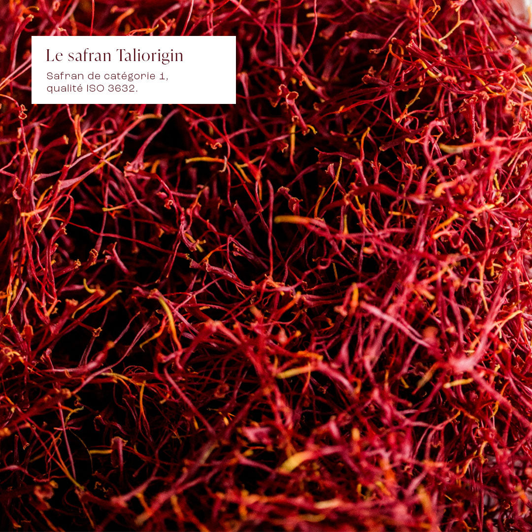 Gros plan sur des filaments de safran Taliorigin authentique, d'une couleur rouge intense et d'une texture fine, illustrant la qualité premium du vrai safran.